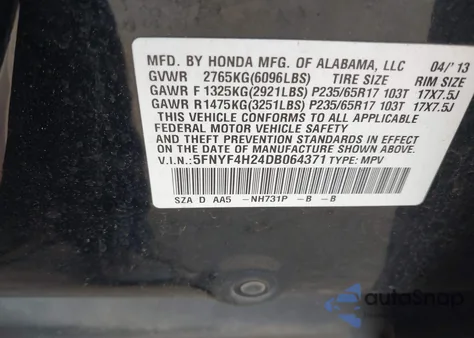 2013 Honda Pilot Lx z USA, uszkodzony, nr VIN 5FNYF4H24DB064371